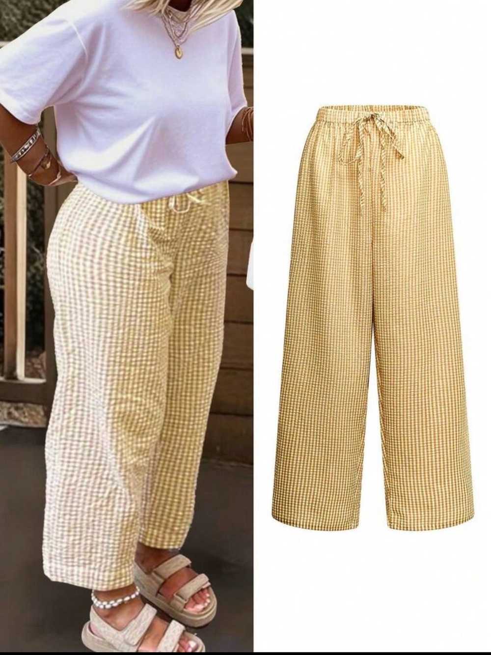 Wide-Leg Gingham Drawstring Pants - Yellow